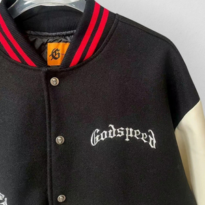 Chaqueta Varsity Godspeed con Cuello Alto y Bordado de Esqueleto, Mangas de Cuero, Estilo Punk Urbano, Chaqueta Letterman para Hombre - Product Image 4