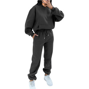 Custom Logo Unisex Slim Fit Breathable Winter <b>Fleece</b> Plus Size Casual Solid Hoodie and <b>Jogger</b> Tracksuit for <b>Women</b> - Product Image 1