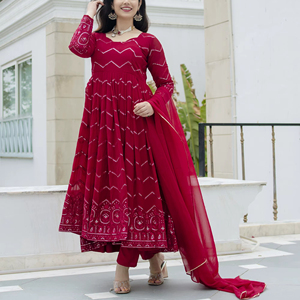 ชุดอนาร์กาลีปักลายสีแดงทับทิมยูนิตี้ ลักชัวร์ พร้อมผ้าคลุมไหล่ สำหรับงานเทศกาลและงานเลี้ยงระดับพรีเมียม - Product Image 1