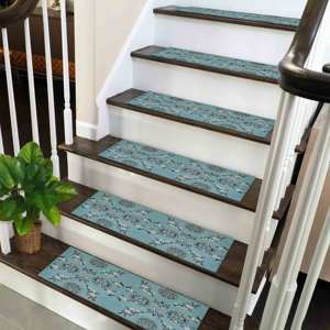 Alfombra Azul con Diseño Navajo, Flores Blancas, Moderna, Fácil de Limpiar, Goblen - Product Image 3