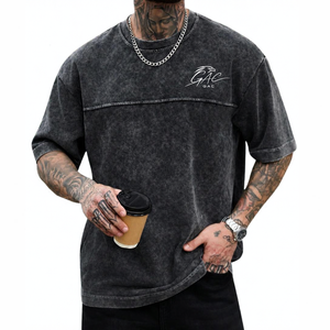 Mens Oversized Washed Black O-Neck <b>Polyester</b>/Cotton <b>Tshirt</b> Short Sleeve Casual Streetwear Loose Fit Garment Dyed Quick Dry - Product Image 1