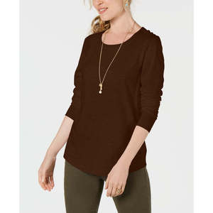 Maglia Casual da Donna Style Co a Maniche Lunghe con Collo Tondo, Marrone, Taglia X-Large, in Tessuto Satinato Lavorato a Maglia con Logo Ricamato e Pizzo, per Primavera e Ufficio - Product Image 1