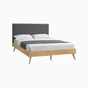 wapy bed made of solid teak wood with headboard wrapped in upholstery for indoor in bedroom
