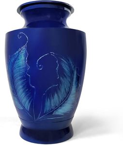 โกศสำหรับผู้ใหญ่ขนนกสีฟ้าขนาดใหญ่สำหรับขี้เถ้าของมนุษย์ดีไซน์แบบดั้งเดิม - Product Image 1