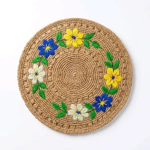 <b>Round</b> Handmade raffia Bohemian Table <b>Mat</b> With Pink Floral Embroidery Green Base - Product Image 3
