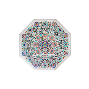 Hermosa Mesa de Mármol Blanco Natural con Diseño de Incrustaciones Hechas a Mano, Forma Octagonal con Nuevo Patrón, Ideal para Mesa de Esquina - Product Image 1
