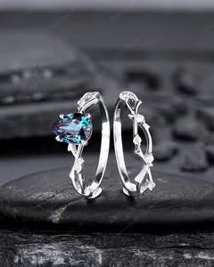 925ลูกแพร์เงินสเตอร์ลิงแพลตตินัมอเล็กซานไดรต์และโมอิสซาไนต์หมั้น14K แหวนสัญญากิ่งไม้ชุบทองคำขาว - Product Image 5