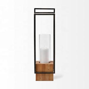 Modern Rectangular Long <b>Pillar</b> Lantern Wooden Base with Metallic Frame Black Color for Christmas Decoration - Product Image 2
