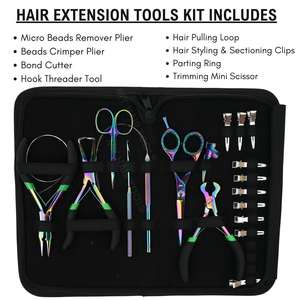 Kit d'outils pour extensions capillaires avec pinces à micro-perles, pinces de retrait, coupe-keratine, crochet de tirage, ciseaux et clip - Product Image 2