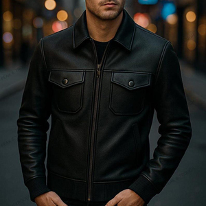 Veste décontractée en cuir pleine fleur véritable imperméable pour homme, style streetwear, avec logo frontal - Fournisseur en gros - Product Image 1