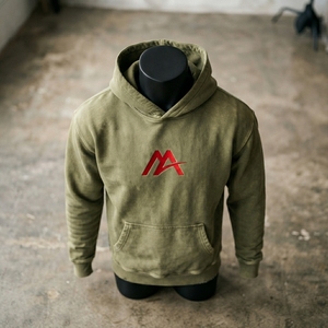 Sudadera con Capucha para Hombre, Color Verde Oliva Lavado, con Logotipo Rojo, Forro Polar, Estilo Urbano, Informal, Personalizable, Venta al Por Mayor, OEM - Product Image 4