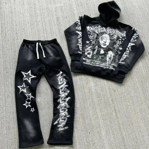Logo personnalisé 100% coton Vintage Distressed Sweatpants Hoodie Set Acid Wash Print Men's Tracksuits Zip for Winter Silk Screen - Product Image 4