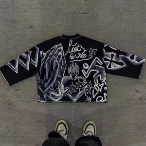 เสื้อยืดผ้าฝ้ายพิมพ์ลายไหล่300gsm คอกลมสีดำล้วนขนาด100นิ้วเสื้อยืดพิมพ์ลายวินเทจบ็อกซี่ฟิต - Product Image 2