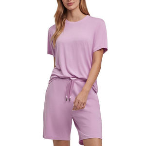 ชุดเสื้อผ้าฝ้าย2ชิ้นสำหรับผู้หญิงเสื้อยืด100% และชุดกางเกงขาสั้นผ้าคอตตอนสีทึบพิมพ์โลโก้ได้ตามต้องการ - Product Image 2