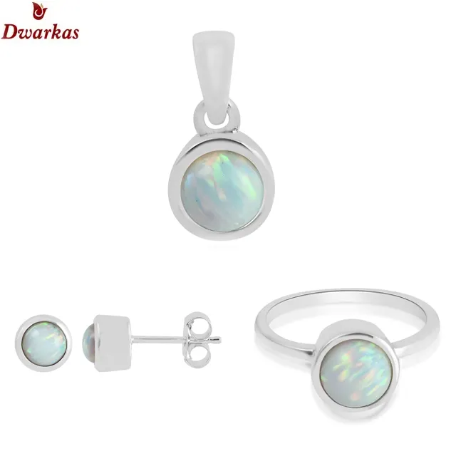 925 Sterling Silver klasik batu permata Opal liontin Kalung Anting Set perhiasan cincin bulat putih Opal wanita perhiasan bagus