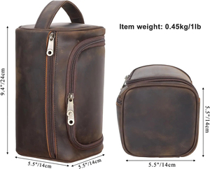 Vintage Leather Toiletry Bag with Zipper Closure and Soft Handle Portable Cosmetic <b>Case</b> Medium Size - Product Image 2