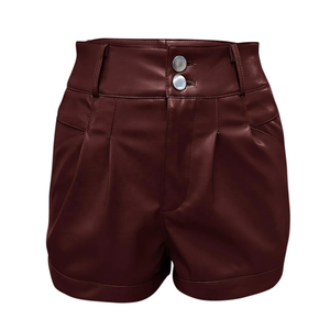 Shorts de Cuero PU de Cintura Alta para Mujer, Color Sólido, Cierre de Botones, Estilo Casual, Corte Regular, Pantalones Cortos Color Marrón Oscuro - Product Image 1
