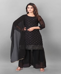Traje Sharara de Georgette de Seda para Fiesta con Kurta Bordada con Piel Sintética y Dupatta, el Mejor Look Étnico para Mujer - Product Image 6