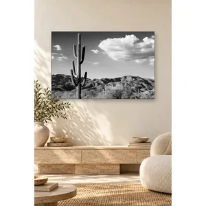Impression sur toile Fida avec cactus Saguaro noir et blanc et nuages - Product Image 2