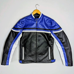 Retro Biker Style Blue Black White Leather Racing Motorbike Jacket CE-Certified Protections Motorcycle Riding Jacket For Men - Product Image 1