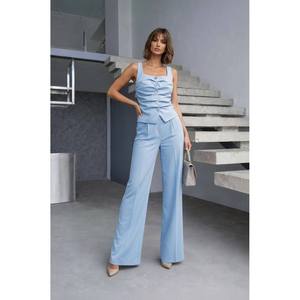 Conjunto de Dos Piezas Mybeefashion para Mujer, Chaleco con Detalle Frontal y Pantalones - Elegante Conjunto Azul de Mezcla de Algodón para Uso Casual o Formal - Product Image 1