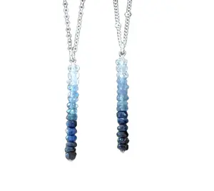 Top Quality 1 Piece Genuine Natural Blue Sapphire Ombre Beads Handmade Necklace 92.5 Sterling Silver 20"Long