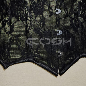 Corset en satin vert olive de haute qualité avec superposition de dentelle noire, doté de baleines en acier et de fermeture à boucle frontale. - Product Image 5
