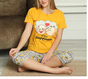 ชุดนอนสตรีแบบลำลองแขนสั้นสำหรับใส่อยู่บ้านกางเกงยาวถึงน่องกางเกงชุดนอนสวมใส่สบาย - Product Image 3