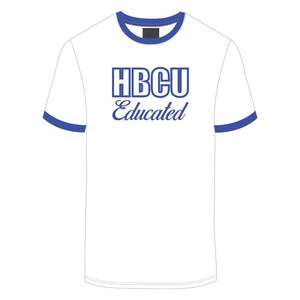 HBCU Educated <b>Men</b> Chenille Contrast Trim Ringer <b>T</b> <b>Shirt</b> <b>White</b> with Blue Embroidered Letters Soft Cotton Collegiate Apparel - Product Image 2