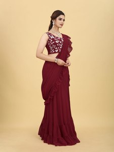Readymade Ấn Độ georgette thêu trình tự làm việc Maroon zul lehenga Saree, bên mặc trang phục ăn mặc giá thấp handmade - Product Image 5
