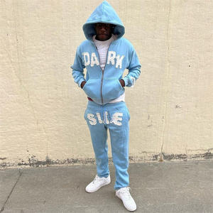 Custom Winter Casual Breathable Fleece Flare <b>Applique</b> Sweatpants Distressed Patchwork Hoodies Set Unisex Full Zip Tracksuit for - Product Image 4