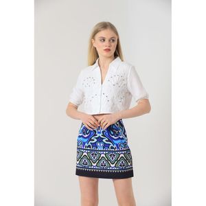 Blusa de Lino Brocado Crema TOPSHOW con Elegante Estampado de Hojas y Adornos de Cuentas para Mujer, Corte Casual, Estilo Veraniego - Product Image 3