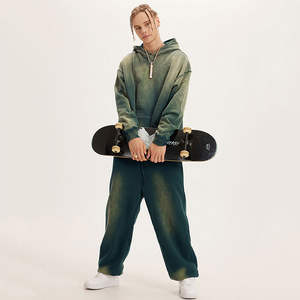 100% algodón 400 GSM peso pesado lavado ácido Streetwear chándal personalizado bordado estampado Sudadera con capucha pantalones de chándal conjunto de tela polar - Product Image 5