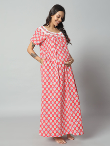 Chemise de nuit de maternité en dentelle 100% coton pour femmes, manches courtes, longueur totale, tissu respirant, col imprimé géométrique, élégante, été - Product Image 2