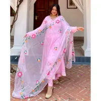 Ensemble de costume Anarkali pour femmes, en rayonne, à col en V, avec dentelle peinte à la main, longueur cheville, style Gotta, printemps/été