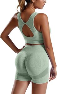 Ensembles de sport écologiques sans coutures en Spandex/Nylon pour femmes : Soutien-gorge de sport à bretelles et short taille haute sculptant, entièrement personnalisables et de qualité supérieure - Product Image 5