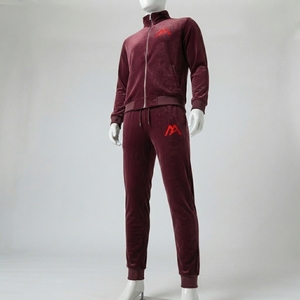 Mens Winter Hooded Burgundy <b>Velour</b> Full Zip <b>Tracksuit</b> Set Athletic Jacket Jogger Pants Running Fitness Casual Streetwear - Product Image 4