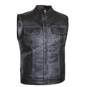 Gilet de motard unique en cuir lisse et perforé, sans manches, vêtement d'extérieur tendance pour homme, idéal pour les voyages, grandes tailles - Product Image 1