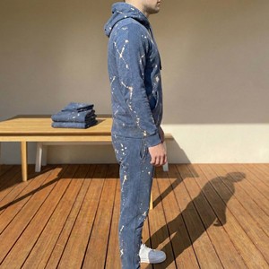 Conjunto Deportivo Personalizado de Algodón Grueso, Transpirable y Ecológico para Hombre, Sudadera con Capucha y Pantalones Jogger con Estampado de Salpicaduras de Ácido Azul - Product Image 3