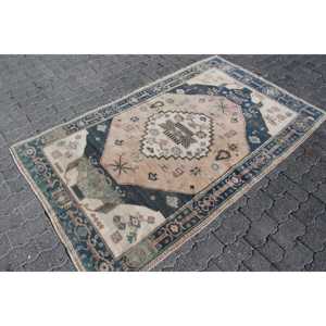 Tapis de 4,1 x 6,9 pieds, tapis vintage, tapis abstrait turc en laine bleue - Product Image 3