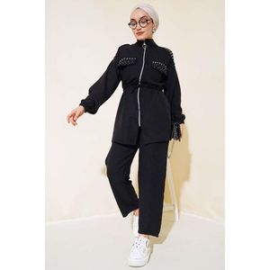 Ensemble de 2 pièces en lin zippé orné de pierres, noir - Product Image 4