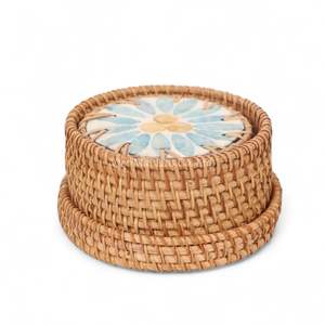 ชุดพรีเมียม 6 ชิ้น ที่รองแก้วมุกประดับขอบหวาย พร้อมกล่องเก็บหวาย สำหรับตกแต่งบ้าน - Product Image 3