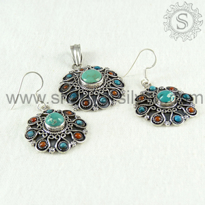 Conjunto de joyería de pendiente colgante fino de moda para mujer, piedra preciosa turquesa Coral Natural, ajuste de bisel de plata de ley 925, joyería India - Product Image 3