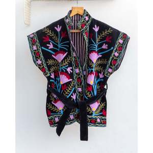 Chaqueta Reversible de Terciopelo Negro con Bordado, Talla Grande, Estilo Boho, de Satén, Lino, Cuero Suave, con Encaje, para Primavera y Otoño, de Poliéster y Algodón - Product Image 2