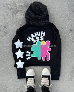 Sweat à capuche long pour homme, coupe boxy, en molleton bouclette 100% coton, anti-rétrécissement, ourlet brut, avec strass et broderie 3D, personnalisé par le fabricant, pour l'automne - Product Image 3