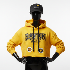 Haut à capuche pour femme de qualité supérieure, tissu en polaire doux 300 GSM, couleur jaune, avec logo personnalisé brodé et design de patch imprimé - Product Image 6