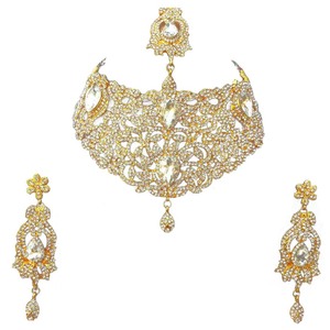 Ensemble de bijoux vintage en alliage avec strass en cristal en forme de fleur, collier, boucles d'oreilles, coiffe, plaqué or blanc, pour femmes, fête, mariage - Product Image 3
