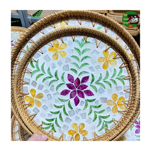 Plateau de service décoratif en rotin, mosaïque de nacre mélangée, plateau naturel pour le style d'intérieur, plateau en mosaïque tissé à la main pour les fruits - Product Image 1