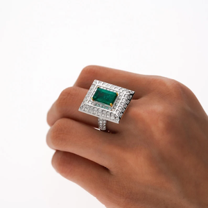 Bague Large Cadre en Argent Plaqué 925 5.17 Carat Émeraude Colombienne Et Baguette Diamant Halo Rectangle Style Art Déco - Product Image 3