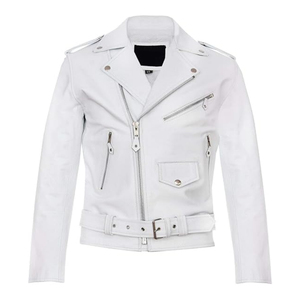 Chaqueta de Cuero Blanca Estilo Moto, Ajustada, para Hombre, con Cierre, Bolsillos con Cremallera, Cintura con Cinturón, Ecológica, Personalizable, ODM (Liso) - Product Image 1